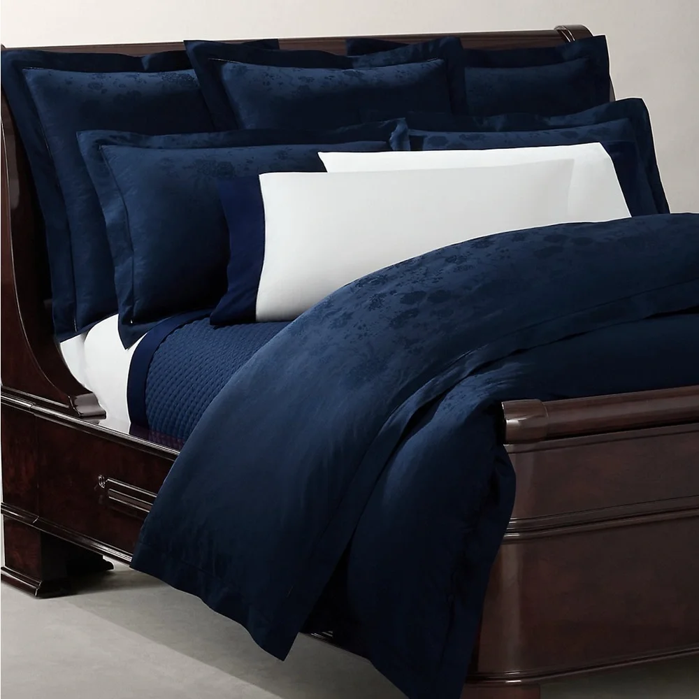 Ralph Lauren Organic Cotton Bethany Jacquard Queen Flat Sheet in Polo Navy, NWT